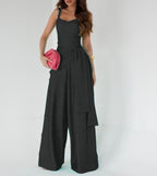 Women's Sleeveless Linen Blend Wide Leg Jumpsuit - Adjustable Waist, Full Length Black