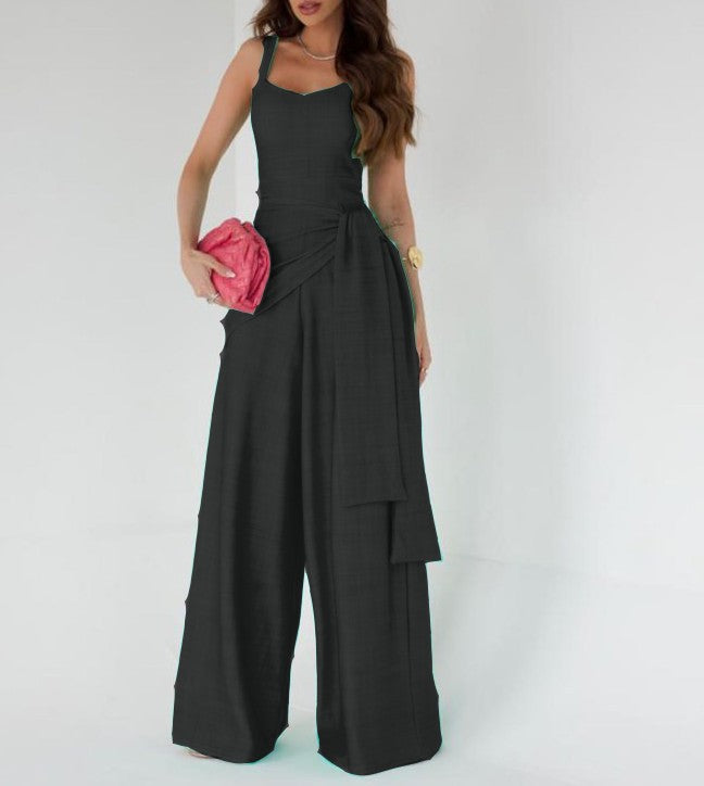Women's Sleeveless Linen Blend Wide Leg Jumpsuit - Adjustable Waist, Full Length Black