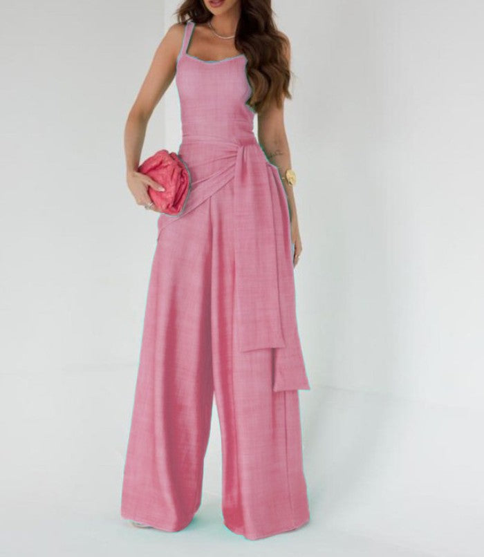 Women's Sleeveless Linen Blend Wide Leg Jumpsuit - Adjustable Waist, Full Length Pink