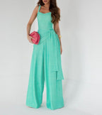 Women's Sleeveless Linen Blend Wide Leg Jumpsuit - Adjustable Waist, Full Length Turquoise