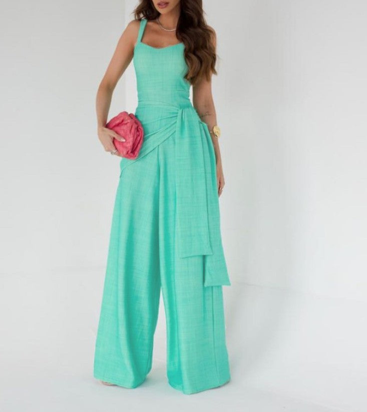 Women's Sleeveless Linen Blend Wide Leg Jumpsuit - Adjustable Waist, Full Length Turquoise