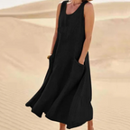 Women's Sleeveless Linen Maxi Dress - Loose Fit, Pockets, Flowy Casual Black