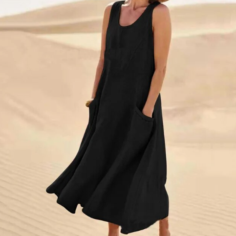 Women's Sleeveless Linen Maxi Dress - Loose Fit, Pockets, Flowy Casual Black