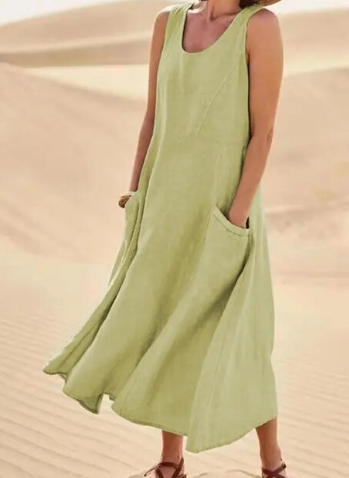 Women's Sleeveless Linen Maxi Dress - Loose Fit, Pockets, Flowy Casual Green