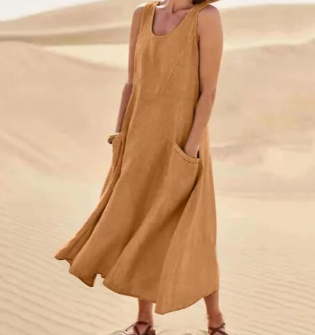 Women's Sleeveless Linen Maxi Dress - Loose Fit, Pockets, Flowy Casual Brown