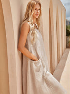 Women's Sleeveless Linen Maxi Dress - Loose Fit, Pockets, Flowy Casual