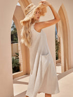 Women's Sleeveless Linen Maxi Dress - Loose Fit, Pockets, Flowy Casual