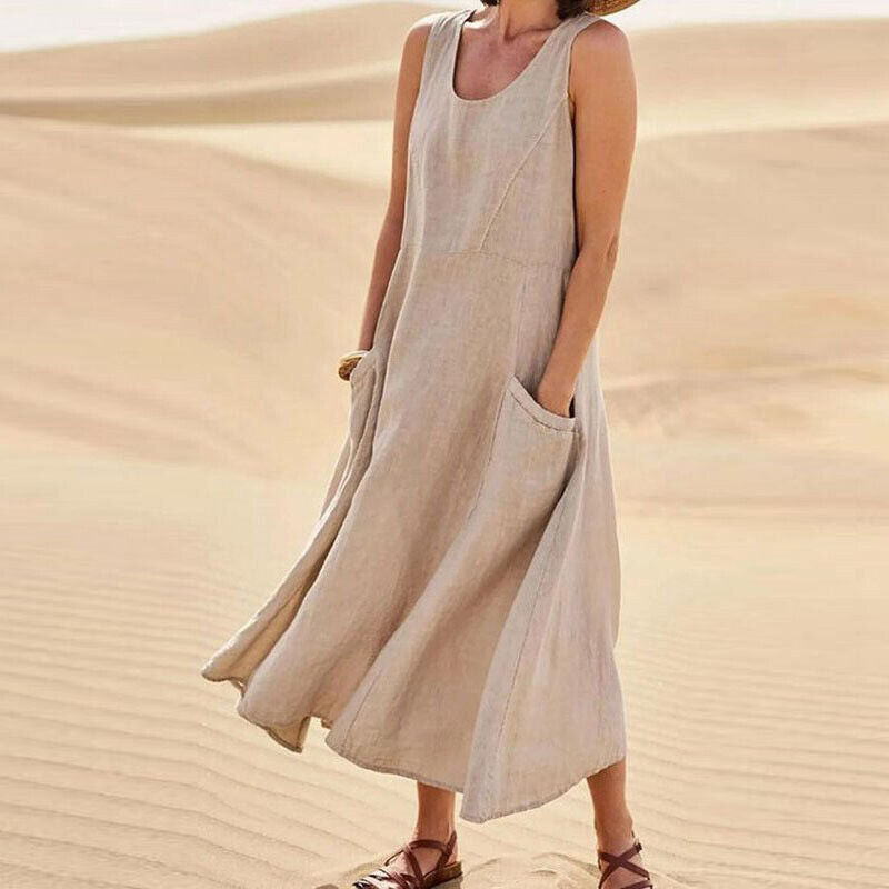 Women's Sleeveless Linen Maxi Dress - Loose Fit, Pockets, Flowy Casual Khaki