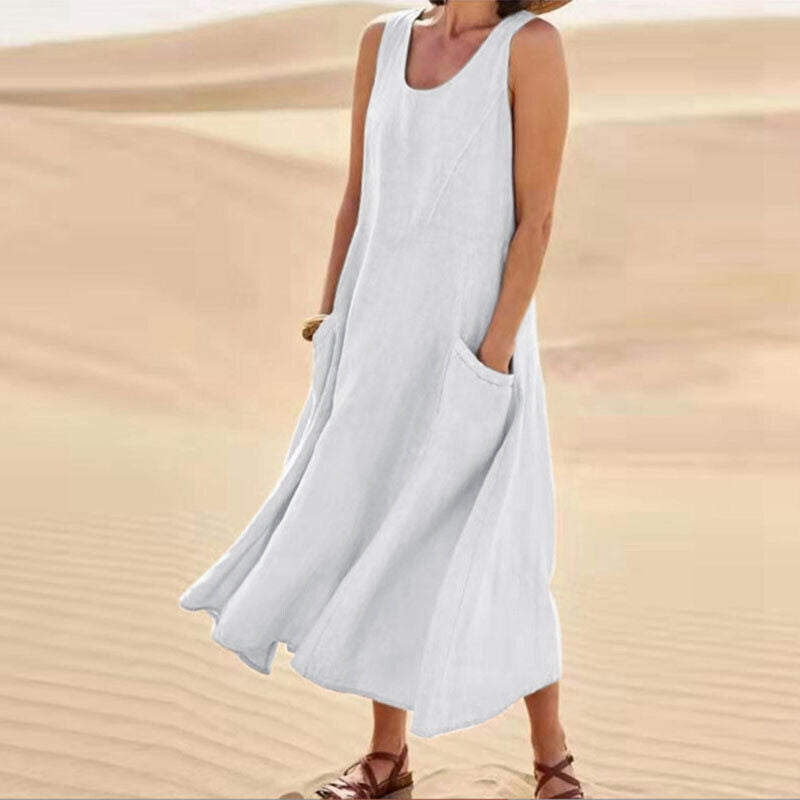Women's Sleeveless Linen Maxi Dress - Loose Fit, Pockets, Flowy Casual White