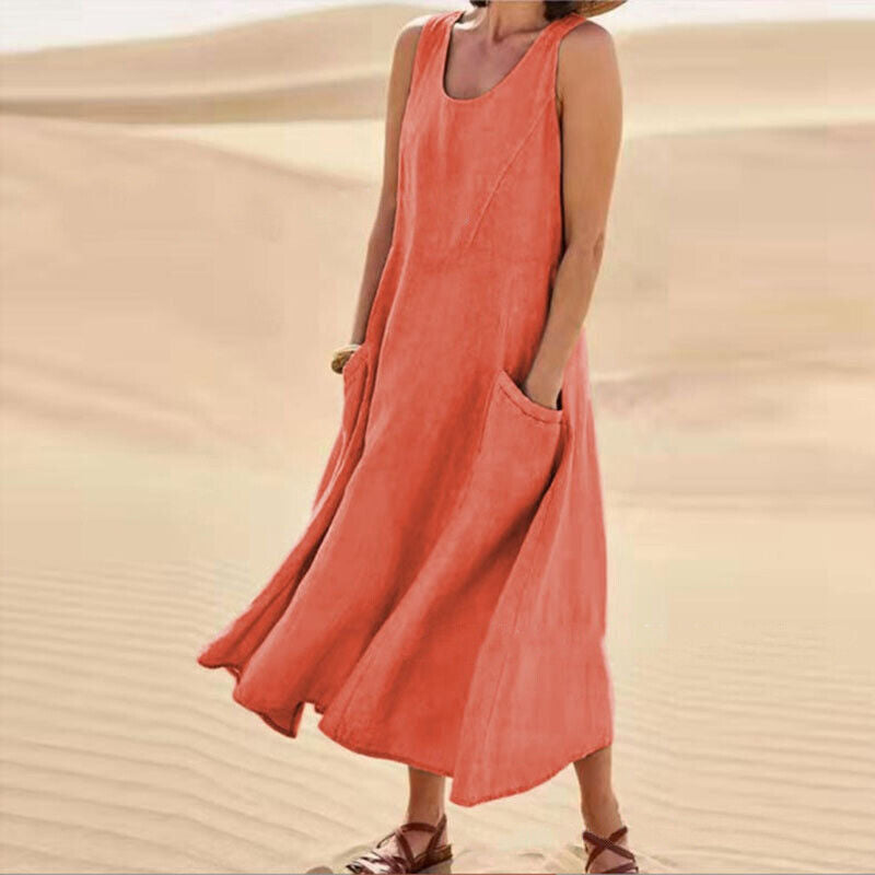 Women's Sleeveless Linen Maxi Dress - Loose Fit, Pockets, Flowy Casual Orange
