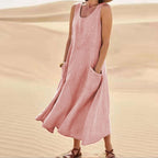 Women's Sleeveless Linen Maxi Dress - Loose Fit, Pockets, Flowy Casual Pink