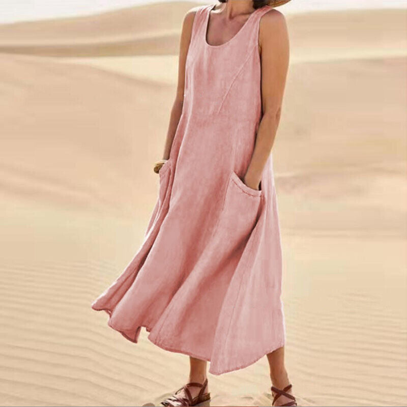 Women's Sleeveless Linen Maxi Dress - Loose Fit, Pockets, Flowy Casual Pink