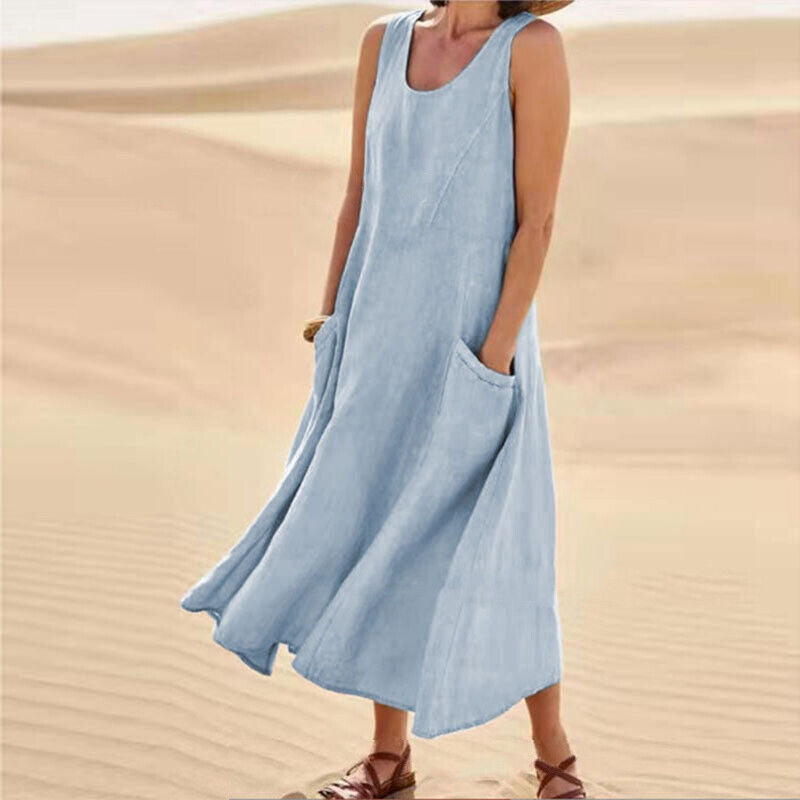 Women's Sleeveless Linen Maxi Dress - Loose Fit, Pockets, Flowy Casual Blue