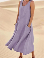 Women's Sleeveless Linen Maxi Dress - Loose Fit, Pockets, Flowy Casual Purple