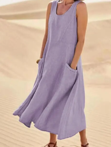 Women's Sleeveless Linen Maxi Dress - Loose Fit, Pockets, Flowy Casual Purple