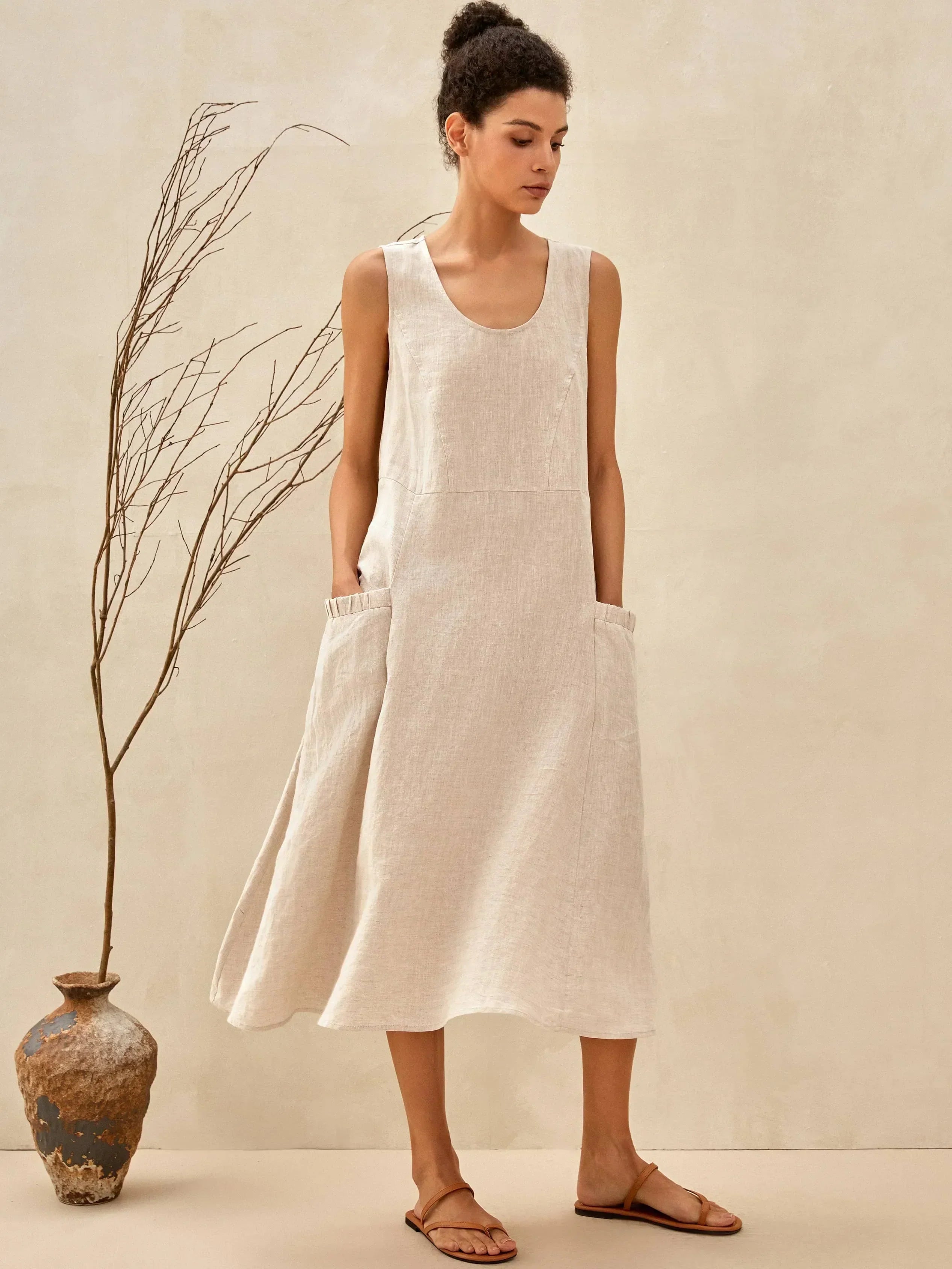 Women's Sleeveless Linen Maxi Dress - Loose Fit, Pockets, Flowy Casual