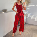 Women's Sleeveless V-Neck Jumpsuit - Wide Leg, Waist Tie, Linen Blend Red