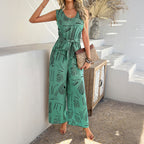 Women's Sleeveless V-Neck Jumpsuit - Wide Leg, Waist Tie, Linen Blend Green