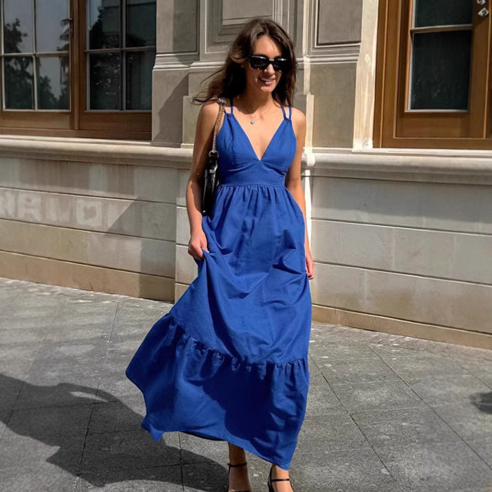 Women’s Linen Maxi Dress – Sleeveless V-Neck Tiered A-Line Summer Dress