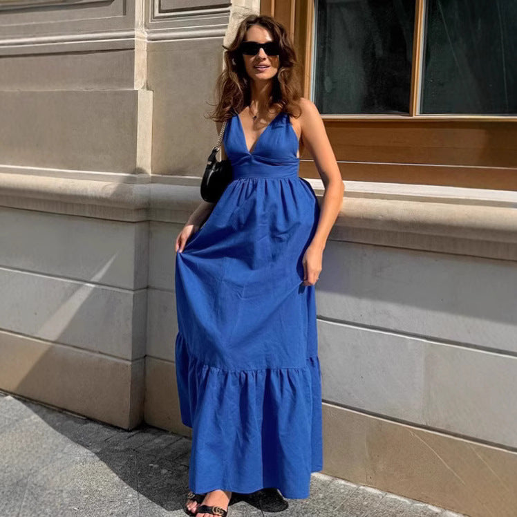 Women’s Linen Maxi Dress – Sleeveless V-Neck Tiered A-Line Summer Dress