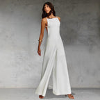 Women's Sleeveless Wide Leg Jumpsuit - Relaxed Fit Cotton Linen Blend White