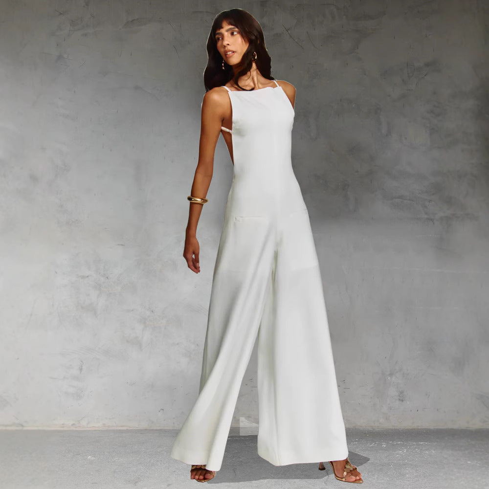 Women's Sleeveless Wide Leg Jumpsuit - Relaxed Fit Cotton Linen Blend White