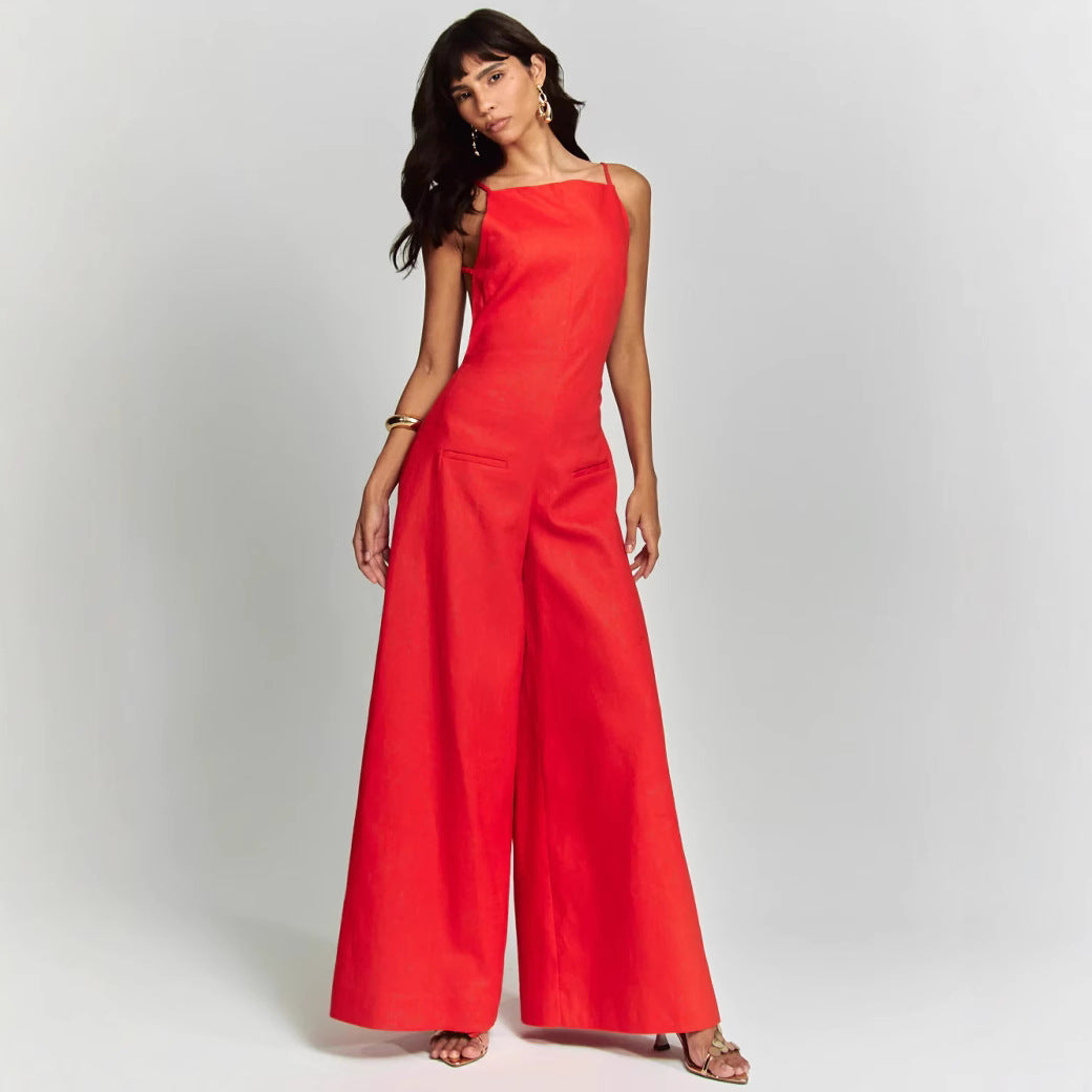 Women's Sleeveless Wide Leg Jumpsuit - Relaxed Fit Cotton Linen Blend Red