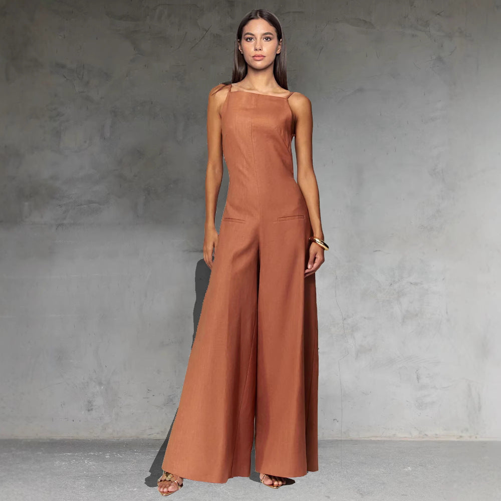 Women's Sleeveless Wide Leg Jumpsuit - Relaxed Fit Cotton Linen Blend Brown