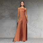 Women's Sleeveless Wide Leg Jumpsuit - Relaxed Fit Cotton Linen Blend Brown