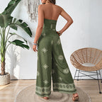 Women's Strapless Cotton Linen Blend Jumpsuit - Wide Leg, Self-Tie Waist | Green