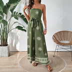 Women's Strapless Cotton Linen Blend Jumpsuit - Wide Leg, Self-Tie Waist | Green