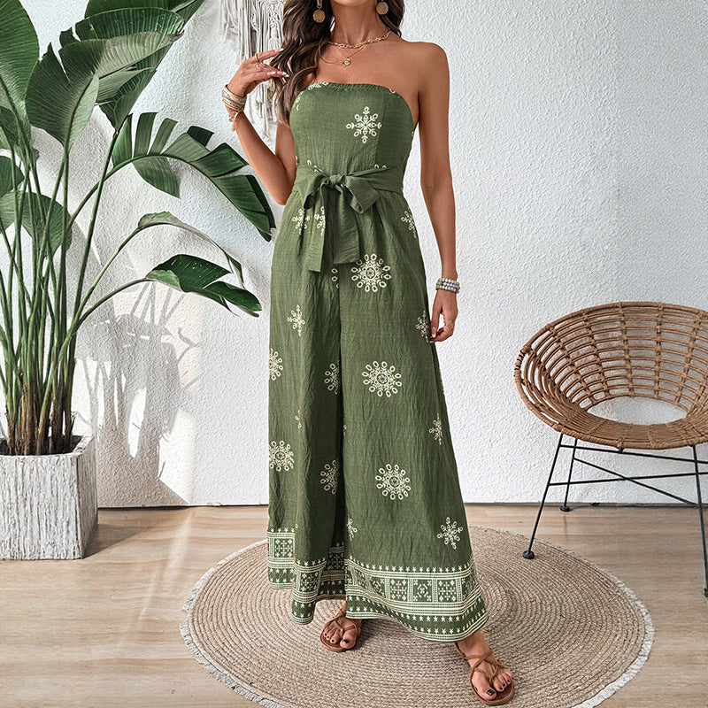 Women's Strapless Cotton Linen Blend Jumpsuit - Wide Leg, Self-Tie Waist | Green