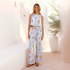 Women’s Summer 2PCS Set – Striped Linen Blend Crop Top & Wide Leg Pants Outfit, Sleeveless Relaxed Fit Casual Wear, Fashion Beach Suit