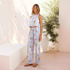 Women’s Summer 2PCS Set – Striped Linen Blend Crop Top & Wide Leg Pants Outfit, Sleeveless Relaxed Fit Casual Wear, Fashion Beach Suit
