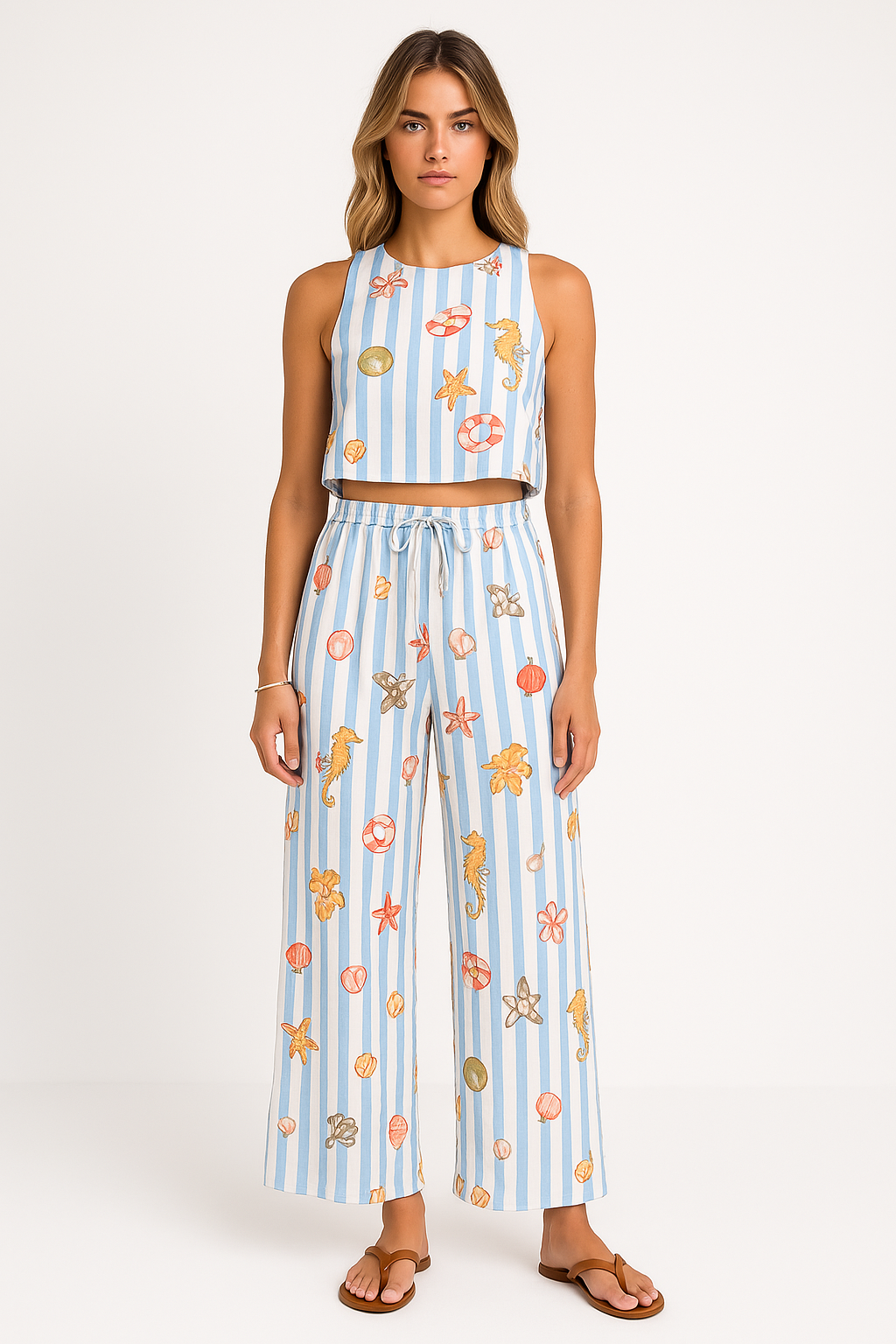 Women’s Summer 2PCS Set – Striped Linen Blend Crop Top & Wide Leg Pants Outfit, Sleeveless Relaxed Fit Casual Wear, Fashion Beach Suit XXL