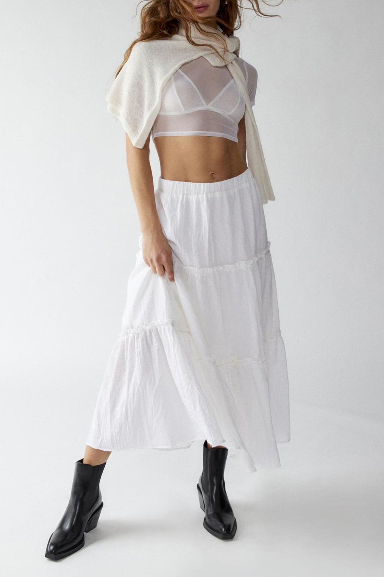 Women's Tiered Flowy Maxi Skirt - Lightweight Cotton Linen, Elastic Waist