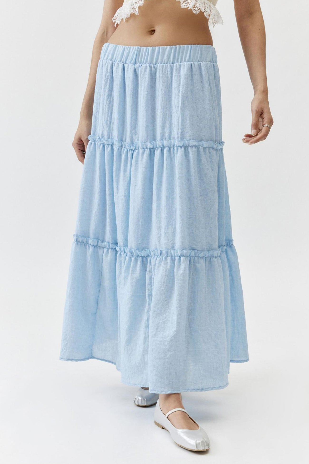 Women's Tiered Flowy Maxi Skirt - Lightweight Cotton Linen, Elastic Waist Blue