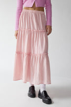Women's Tiered Flowy Maxi Skirt - Lightweight Cotton Linen, Elastic Waist Pink