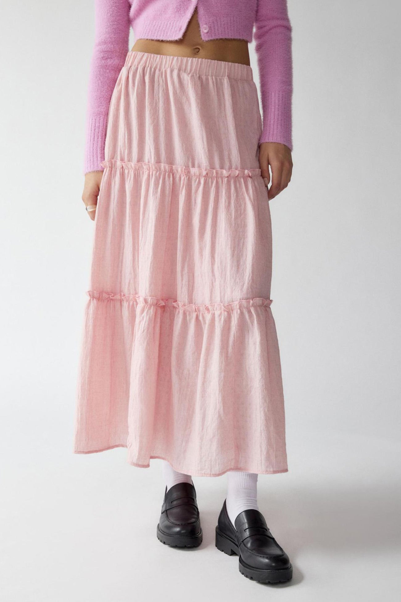 Women's Tiered Flowy Maxi Skirt - Lightweight Cotton Linen, Elastic Waist Pink
