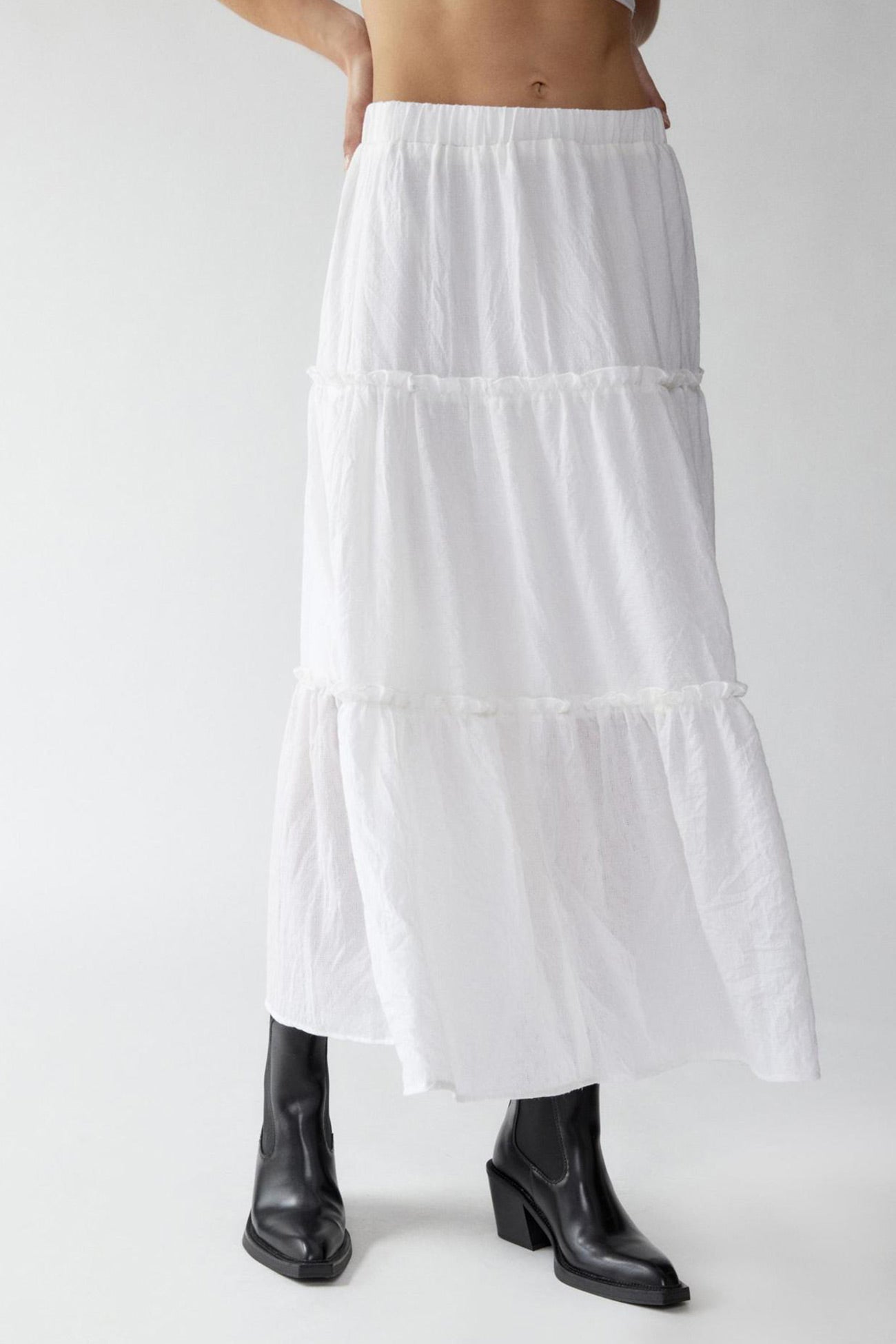 Women's Tiered Flowy Maxi Skirt - Lightweight Cotton Linen, Elastic Waist White