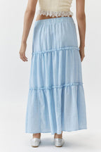 Women's Tiered Flowy Maxi Skirt - Lightweight Cotton Linen, Elastic Waist