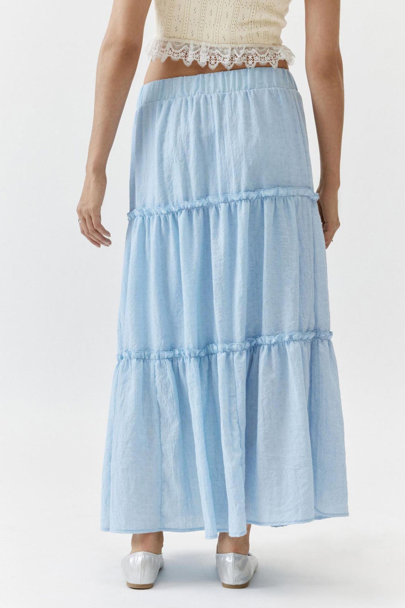 Women's Tiered Flowy Maxi Skirt - Lightweight Cotton Linen, Elastic Waist