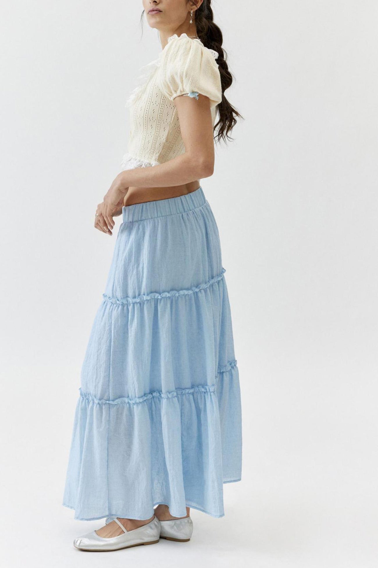 Women's Tiered Flowy Maxi Skirt - Lightweight Cotton Linen, Elastic Waist