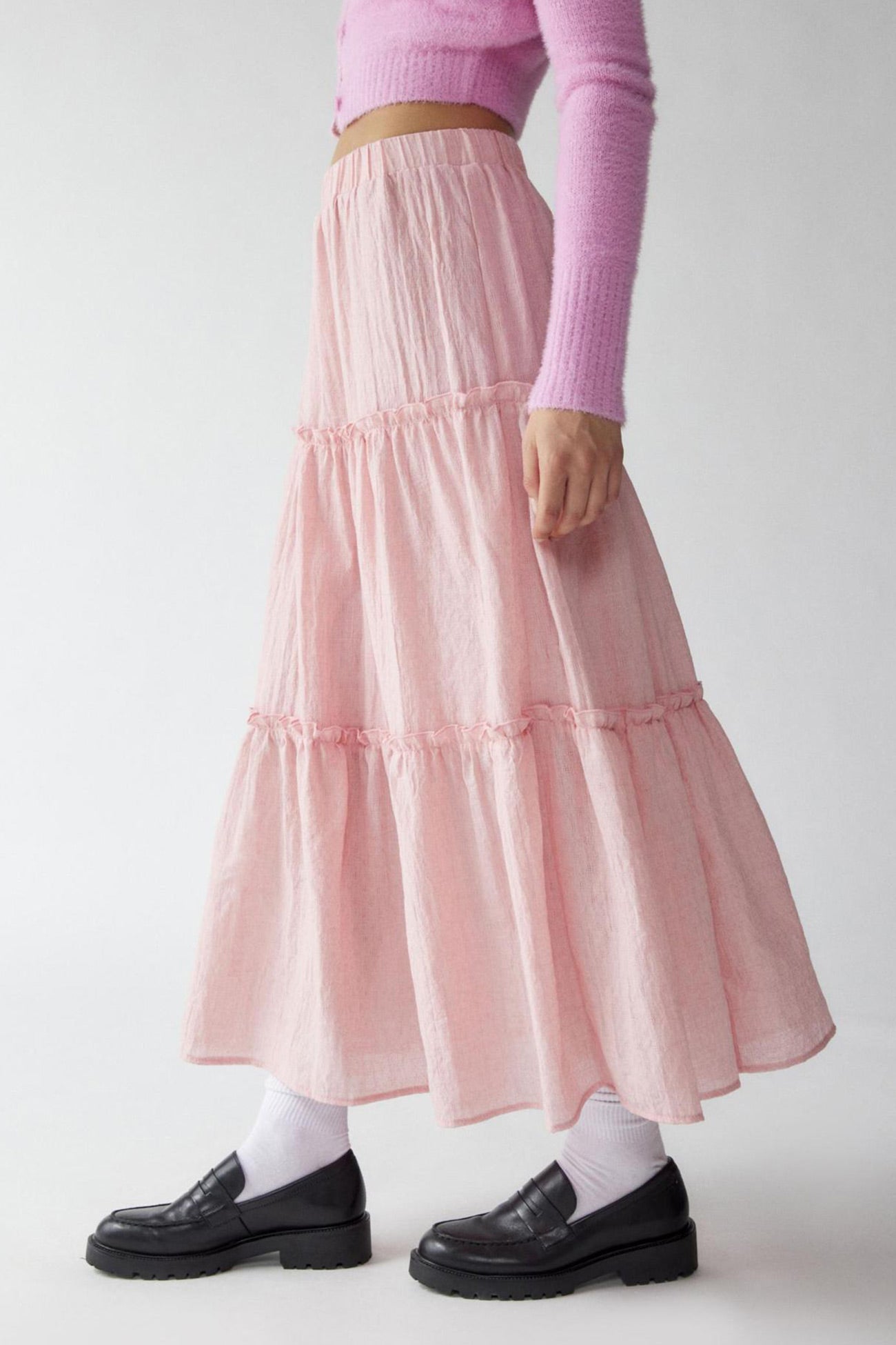 Women's Tiered Flowy Maxi Skirt - Lightweight Cotton Linen, Elastic Waist