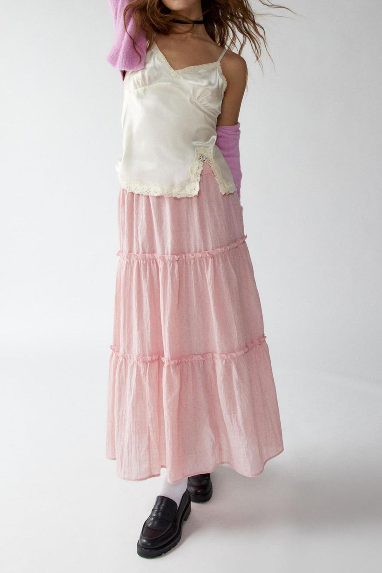 Women's Tiered Flowy Maxi Skirt - Lightweight Cotton Linen, Elastic Waist