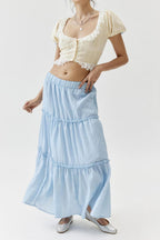 Women's Tiered Flowy Maxi Skirt - Lightweight Cotton Linen, Elastic Waist