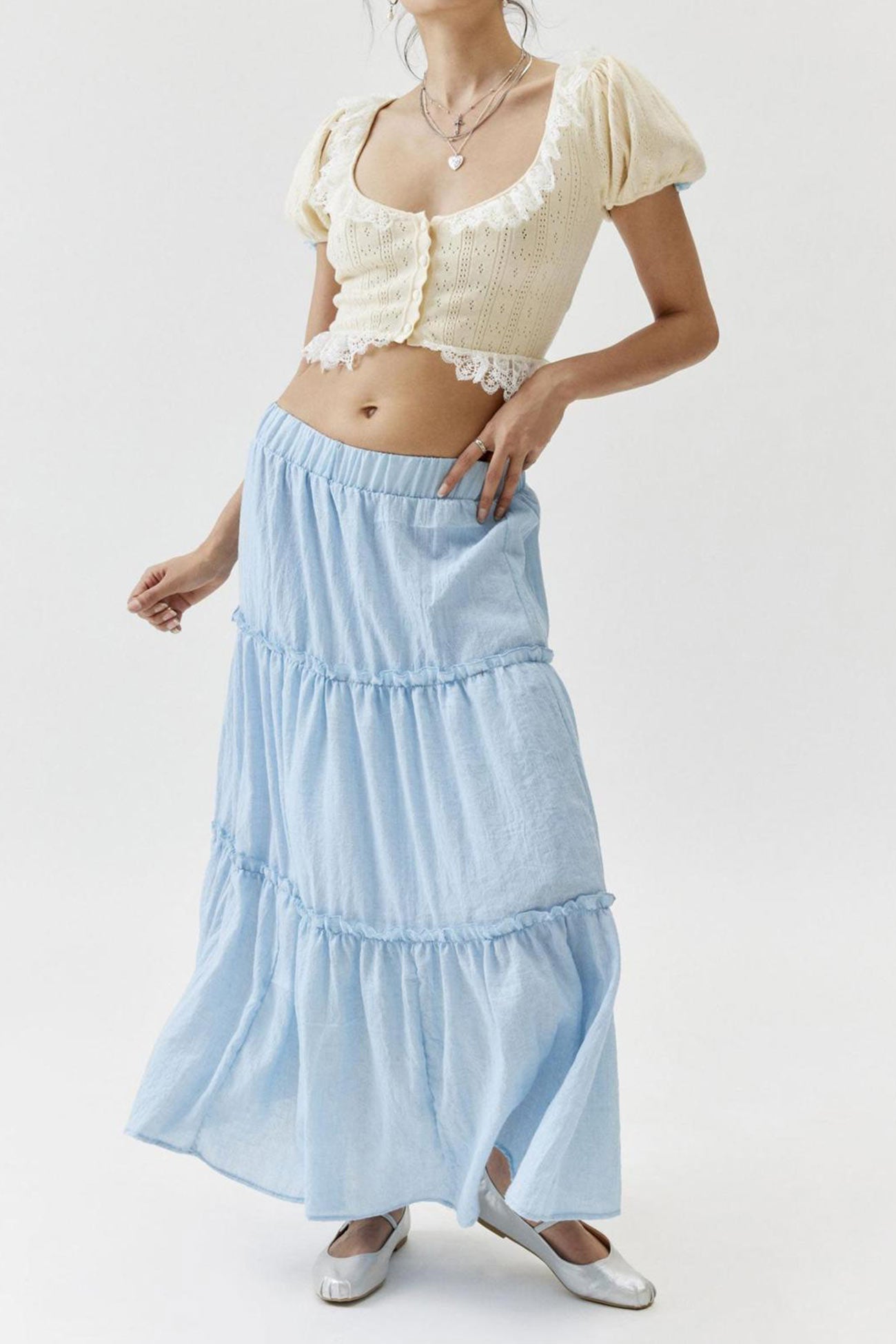 Women's Tiered Flowy Maxi Skirt - Lightweight Cotton Linen, Elastic Waist