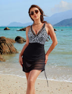 Women's Tummy Control One Piece Swim Dress with Mesh V-Neck & Sarong Wraps, Slimming Bathing Suit