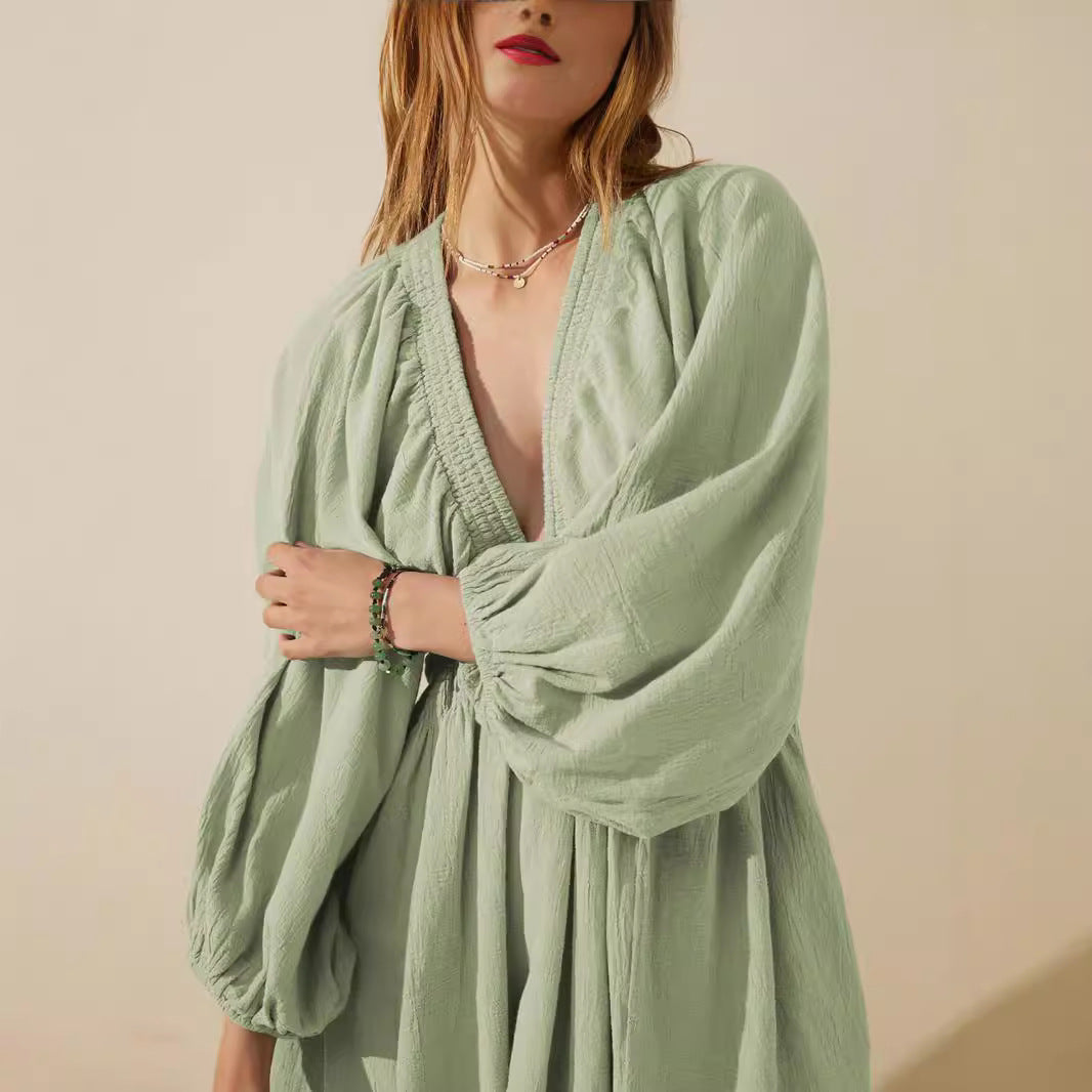 Women's V-Neck Cotton Linen Mini Dress - Long Sleeve Relaxed Fit Green