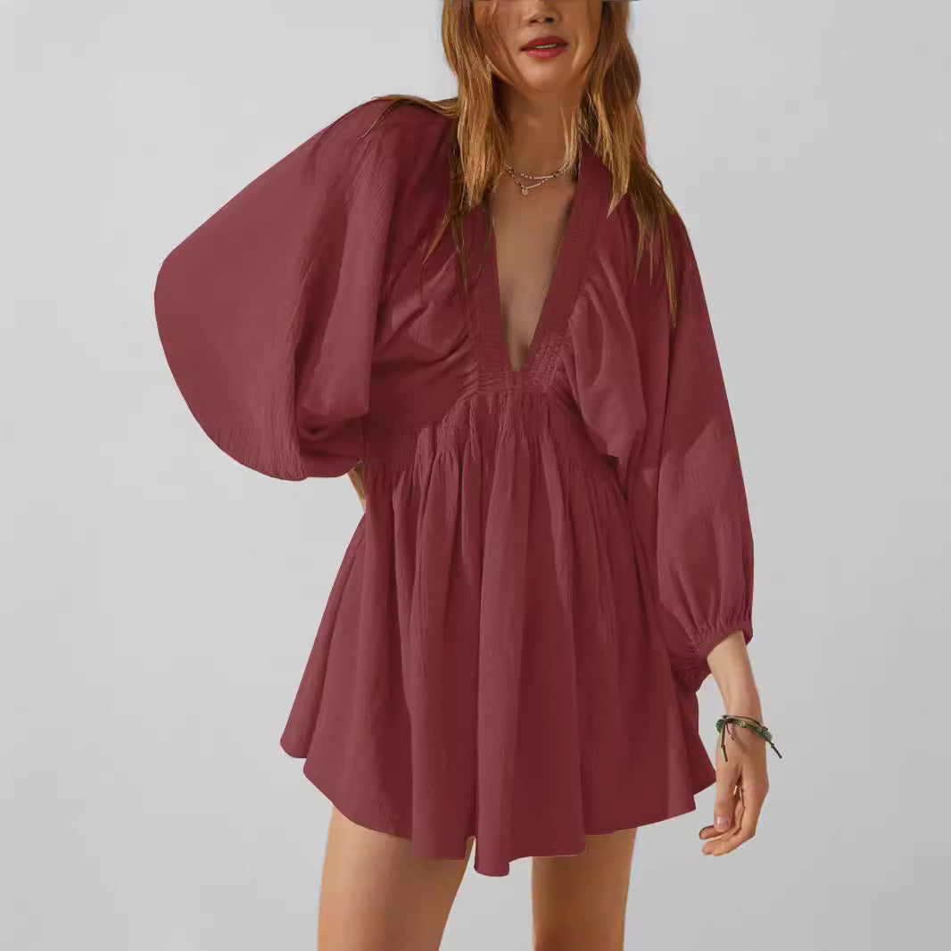Women's V-Neck Cotton Linen Mini Dress - Long Sleeve Relaxed Fit Red